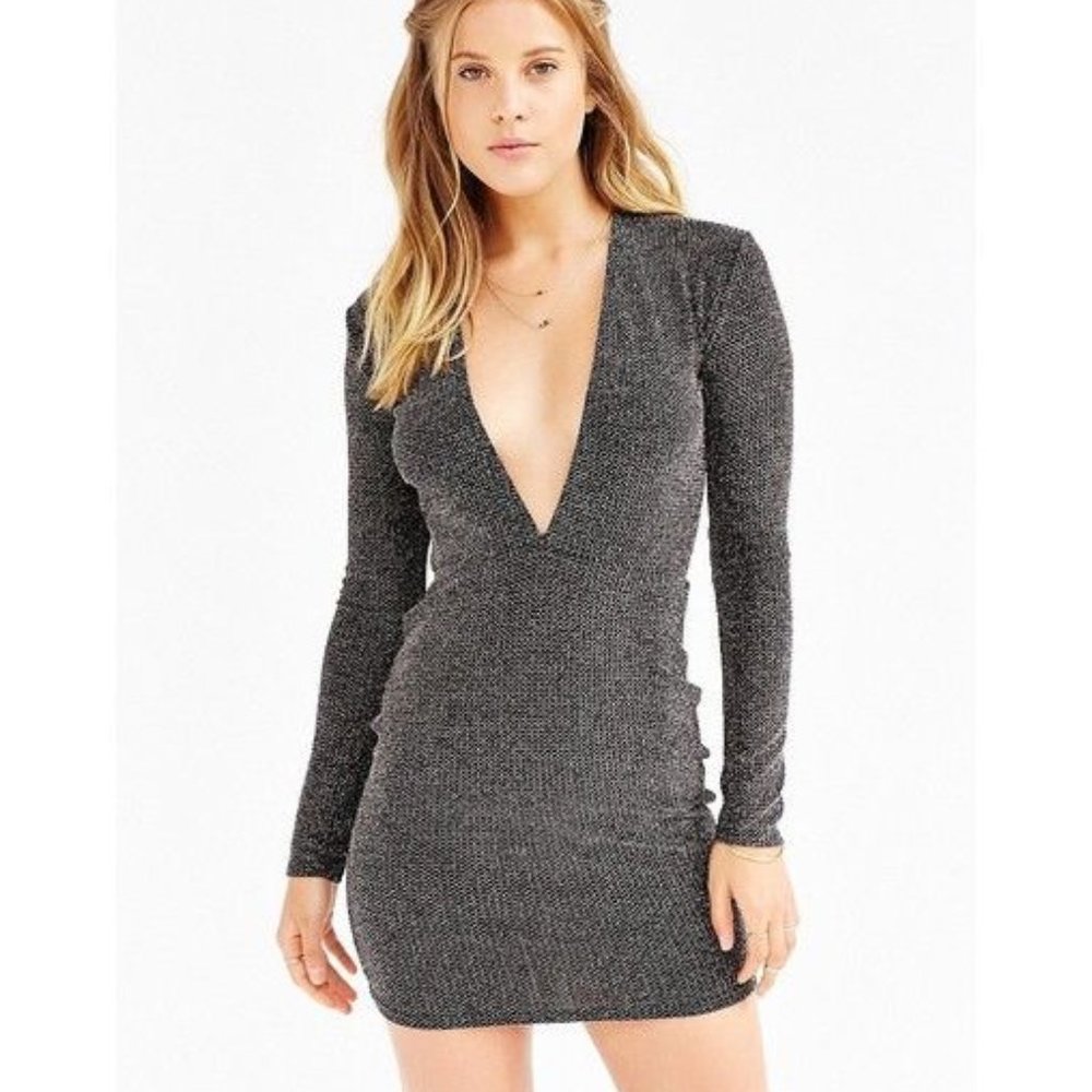 Motel Rocks Lynette Shimmer Plunge Mini Dress Small Black Silver